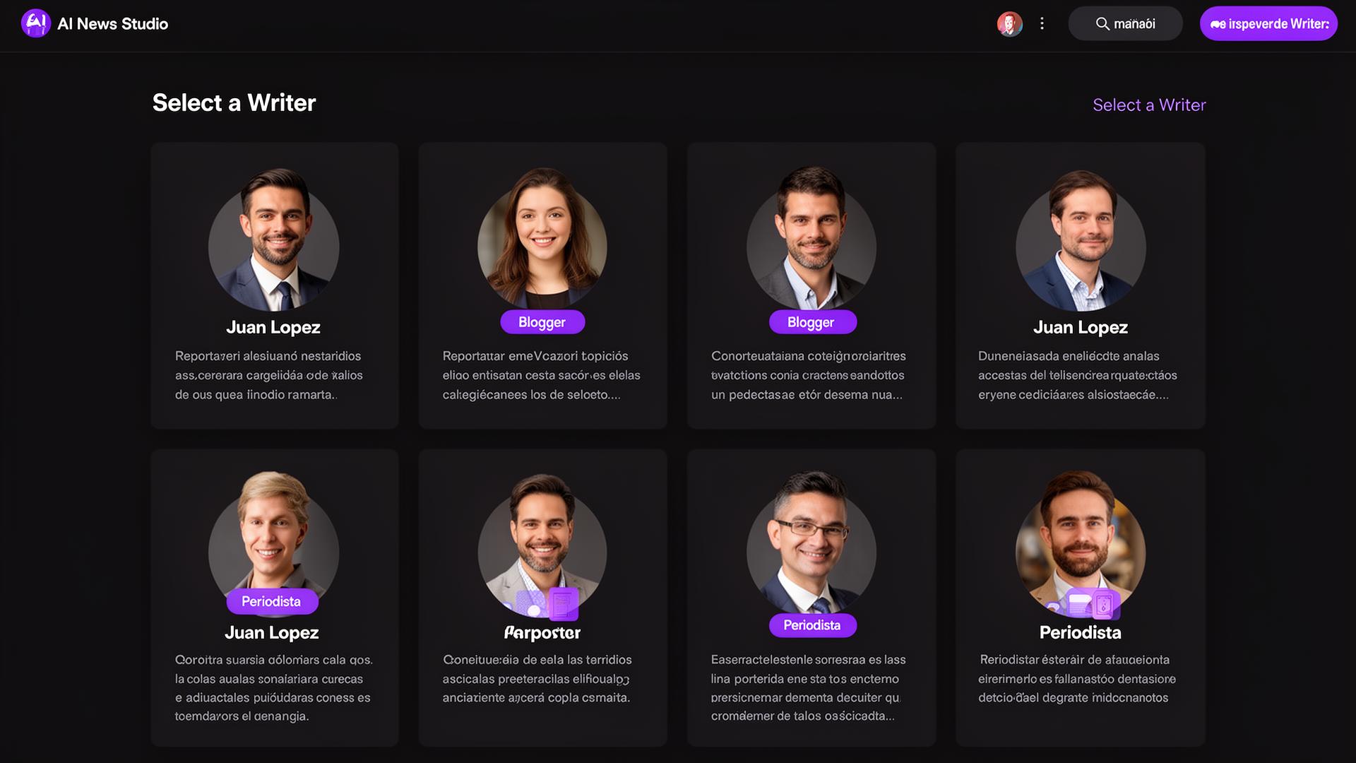 Writer selector in AI News Studio